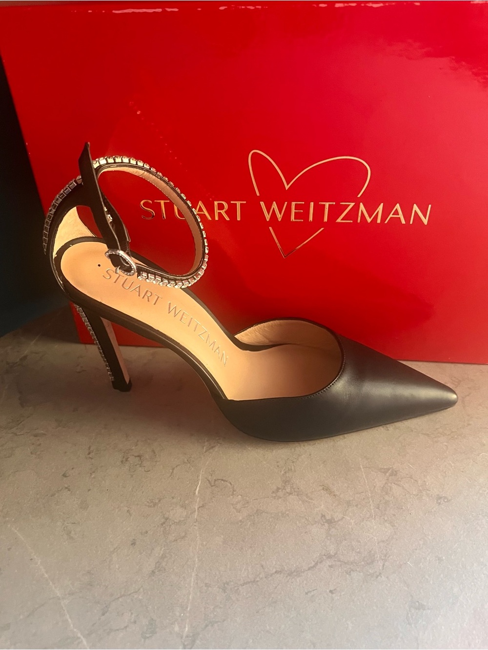 STUART WEITZMAN Glam Crystal 100 Ankle Strap Leather Pumps
